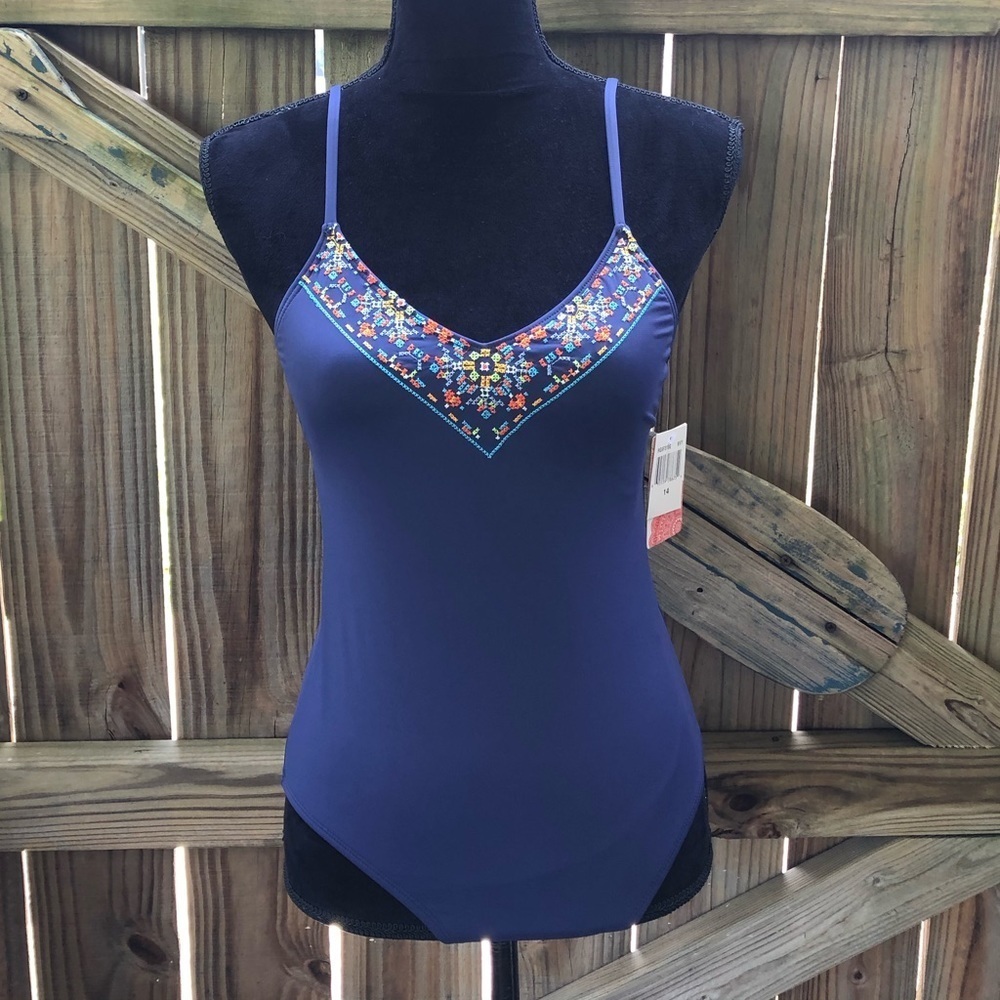 New Hobie Navy One Piece Cross Stitch Design Swimsuit Size 14 Girl
